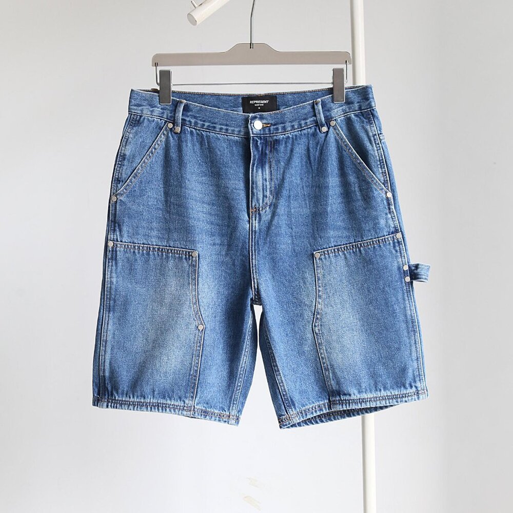 Represent Loose Fit Denim Shorts With Utility Pockets